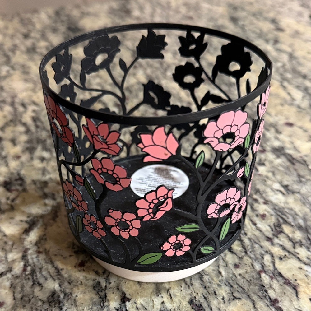 Bath & Body Works Black and Pink Floral Candle Holder
